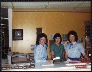 F.S.C. library circ. staff Eivie, Linda Ane, Jean. spring 1982