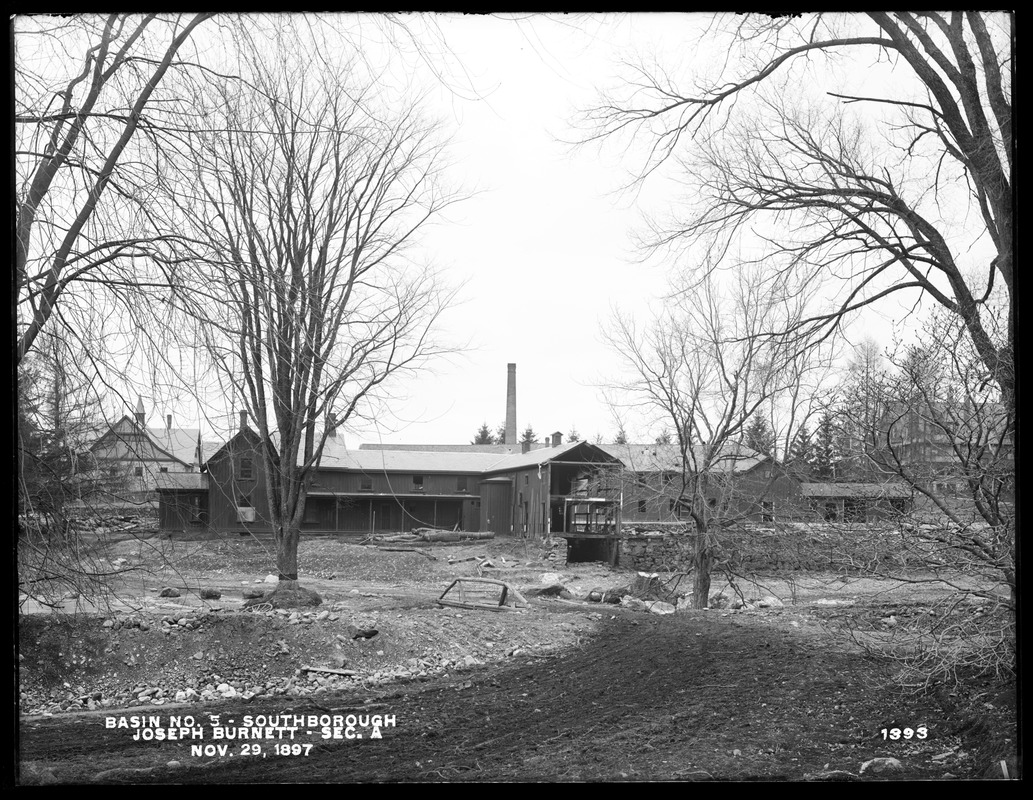 Sudbury Reservoir, Section A, farm building and slaughterhouse (partly town down) of the Deerfoot Farm, from the northeast on lawn in front of house of Joseph Burnett, Southborough, Mass., Nov. 29, 1897