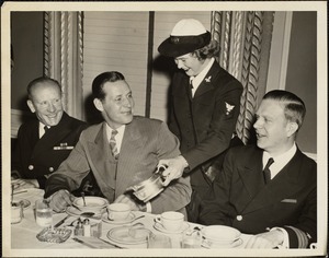 Left to right - Capt C H J Keppler, USN, Mayor Tobin, Commander George M. Powers, Jr USN; Martha Webster of Hamilton pouring coffee at Waves "bon voyage" breakfast