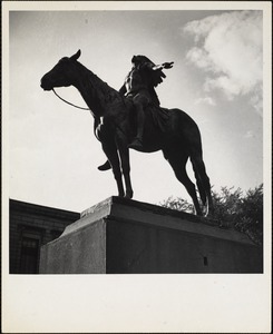 Appeal to the Great Spirit', Cyrus Dallin's renowned American Indian on ponyback, his face uplifted skyward, both arms outstretched in supplication. In front of the Museum of Fine Arts, Boston, Mass.