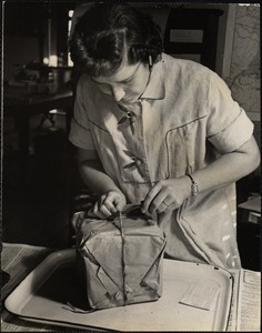 Mrs Richards opening a package of blocks from Portland, Me.