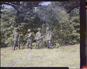 CEMEL- clothing, camouflage, 4 men by trees (2 men w/ face netting)