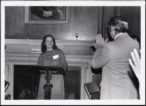 Mary Gegerias accepting scholarship in her name - Fr fete, 10/79, Pine Manor