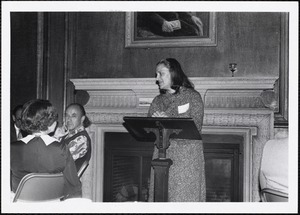 Mary Gegerias accepting scholarship in her name - Fr fete, 10/79, Pine Manor