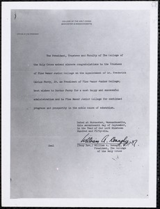 The president, trustees and faculty of the College of the Holy Cross extend sincere congratulations to the trustees of Pine Manor Junior College on the appointment of Dr. Frederick Carlos Ferry, Jr. as president