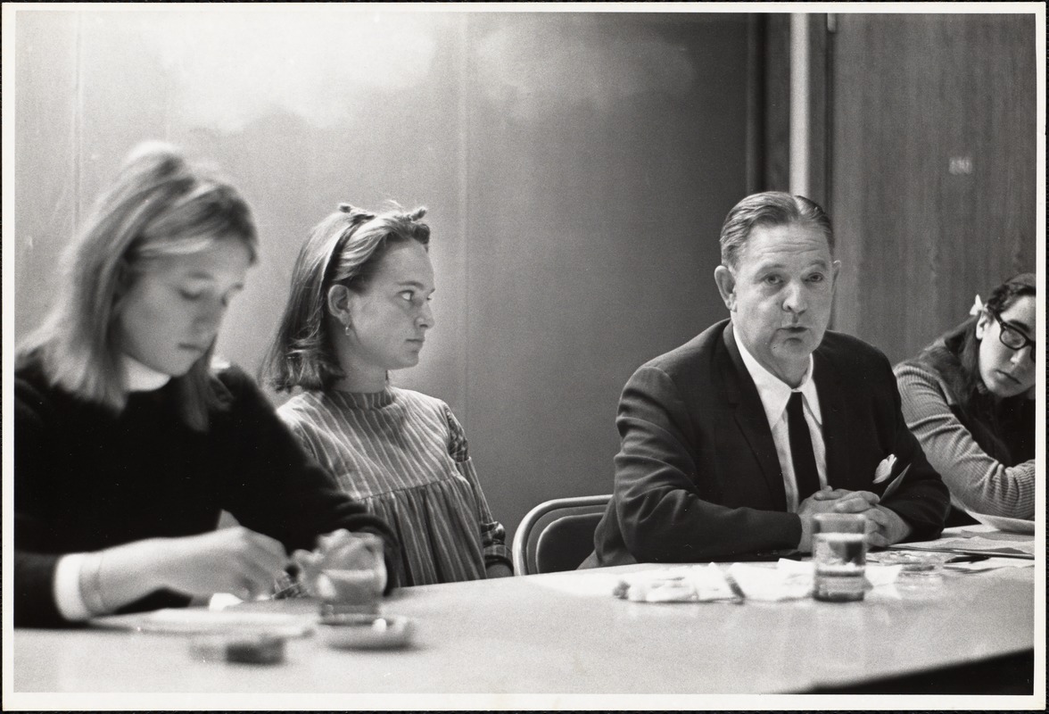 Left to right - Terry Schaefer '69, Lisa Field '70, Mr. Guy Hope, and Tally Groves '69