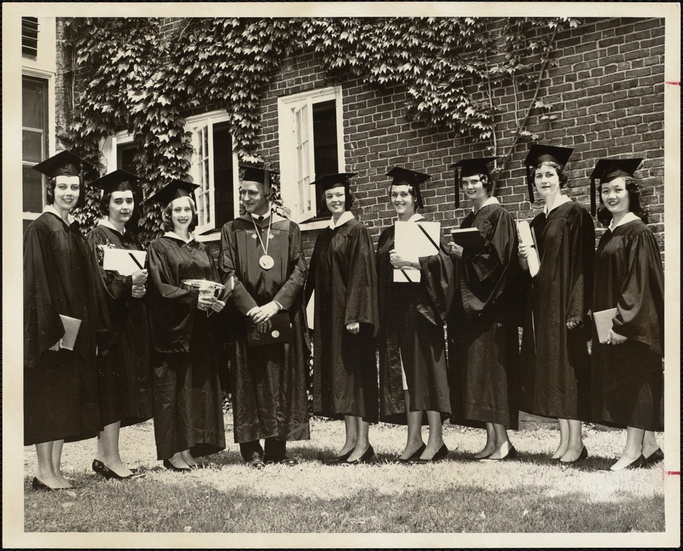 Award winners 1961: left to right, Nancy Scott, Maud Grayson, Hope Handloff, Pres. Ferry, Margaret Worthington, Diane Tatem, Brooke Hollister, Spring Fairbank and Helena Chen
