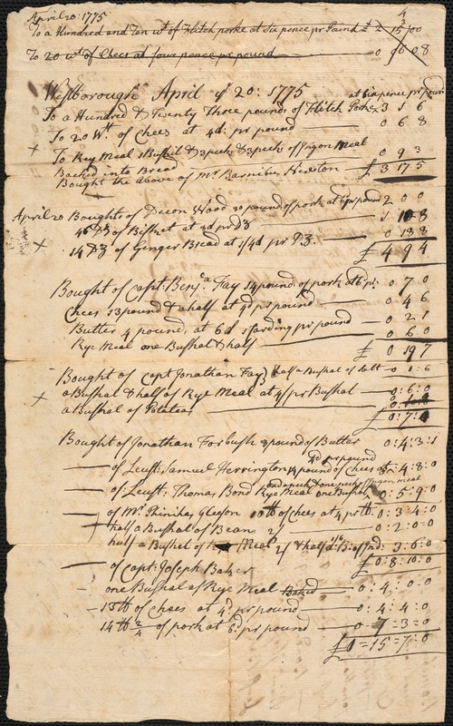 Account of Provisions Paid By the Town, 1775