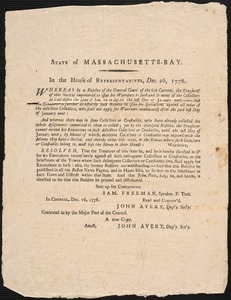 Finance Resolutions from the State of MA, 1776-1784
