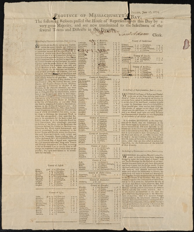 Tax Bill to Towns [Signed by Samuel Adams], 1774
