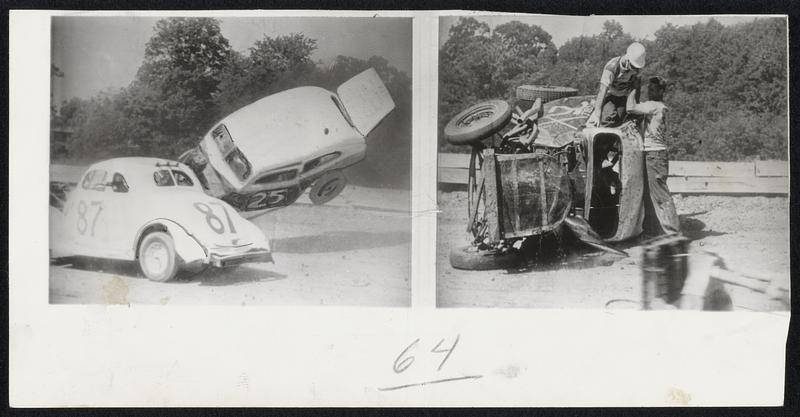 Stock car racer John Dixon of Oxford, Pa., driving car No. 25 at Oxford how pinwheel feels. His 25 starts roll in front of 87 at top left. Top right, and Dixon’s car is hurled to side, at lower left. He’s helped from car by right.