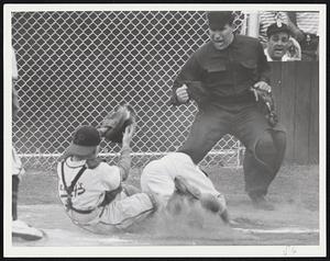Ump Arnold Friedman. Parkway catcher John O'Connell 2d in. Phil Conley out at plate