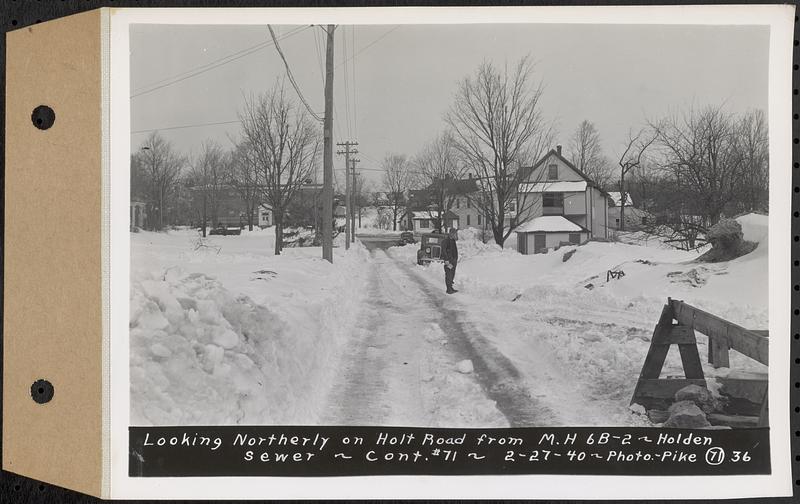 Contract No. 71, WPA Sewer Construction, Holden, looking northerly on Holt Road from manhole 6B-2, Holden Sewer, Holden, Mass., Feb. 27, 1940