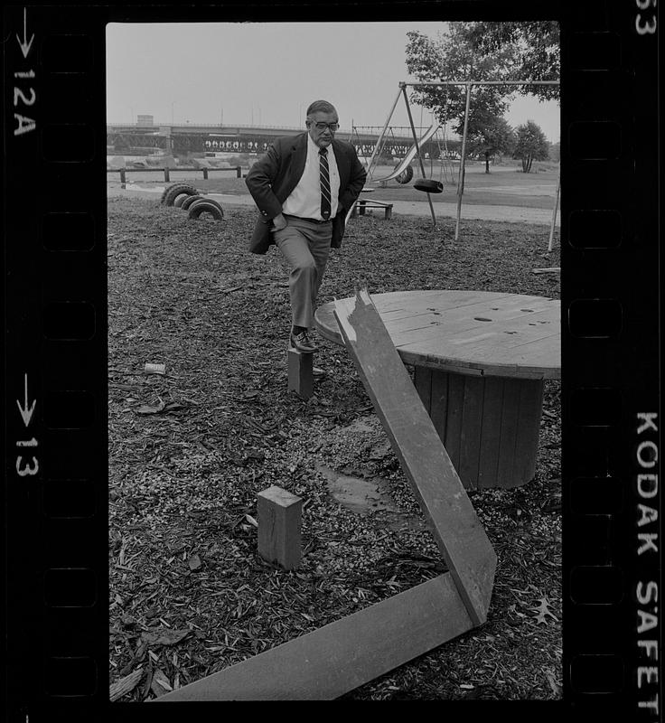 Peter Matthews at playground with litter