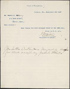 Letter from John Peter Shindel Gobin, Lebanon, Pa, to Darwin C. Pavey, Boston, Mass., 1897 September 9