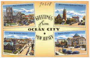 Greetings from Ocean City, New Jersey -- First Presbyterian Church, Holy Trinity Episcopal Church, First Methodist Church, Baptist Church