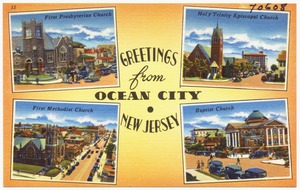 Greetings from Ocean City, New Jersey -- First Presbyterian Church, Holy Trinity Episcopal Church, First Methodist Church, Baptist Church