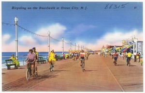 Bicycling on the boardwalk at Ocean City, N. J.