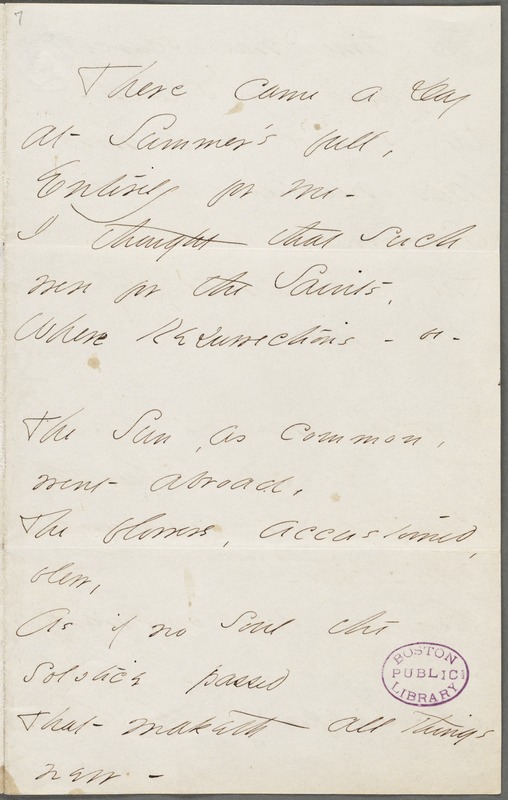 Emily Dickinson, Amherst, Mass., autograph manuscript poem: There came a day at summer's full, 1862