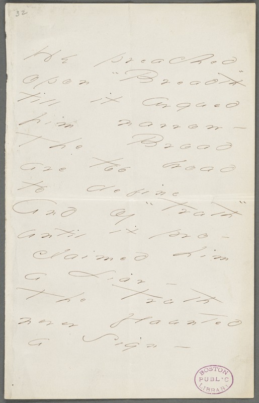 Emily Dickinson, Amherst, Mass., autograph manuscript poem: He preached upon Breadth, 1872