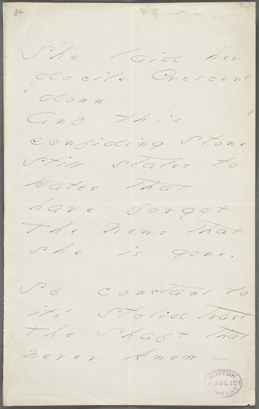 Emily Dickinson, Amherst, Mass., autograph manuscript poem: She laid her docile Crescent down, 1877