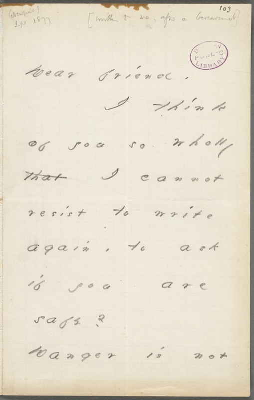 Your Scholar (Emily Dickinson), Amherst, Mass., autograph note signed to Thomas Wentworth Higginson, early Autumn 1877