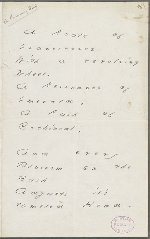 Emily Dickinson, Amherst, Mass., autograph manuscript poem: A route of evanescence, 1880