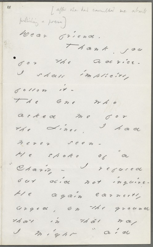Your Scholar (Emily Dickinson), Amherst, Mass., autograph letter signed to Thomas Wentworth Higginson, November 1880