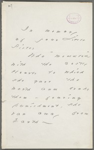Emily Dickinson, Amherst, Mass., autograph note to Margaret Higginson, Spring 1884