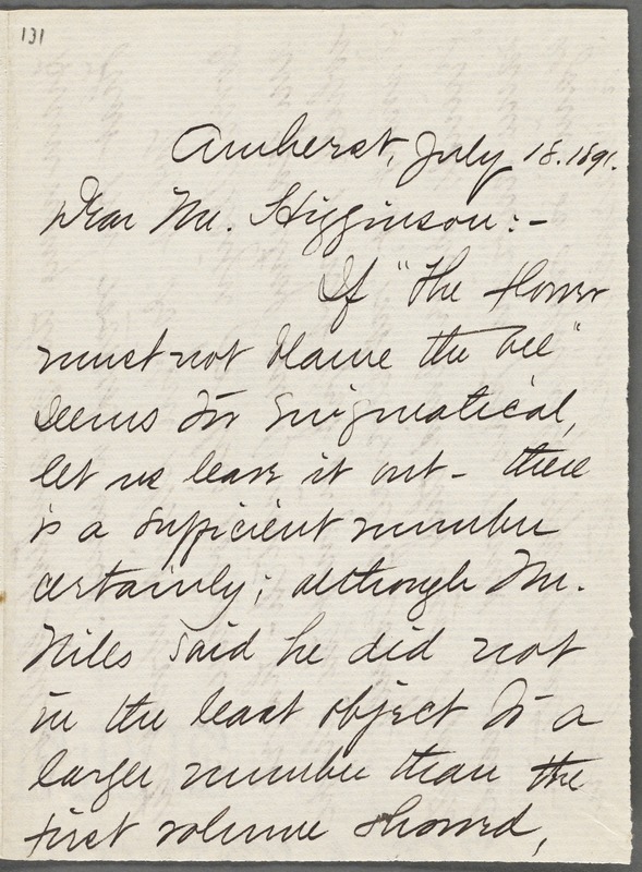 Mabel Loomis Todd, Amherst, Mass., autograph letter signed to Thomas Wentworth Higginson, 18 July 1891
