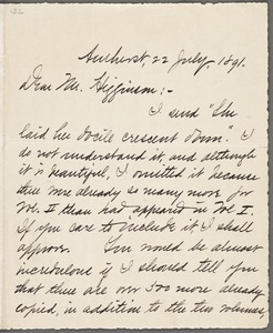 Mabel Loomis Todd, Amherst, Mass., autograph letter signed to Thomas Wentworth Higginson, 22 July 1891