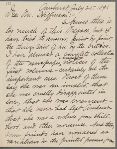 Mabel Loomis Todd, Amherst, Mass., autograph letter signed (initials) to Thomas Wentworth Higginson, 25 July 1891