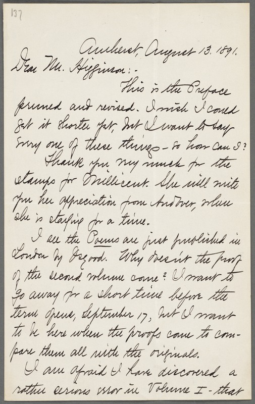 Mabel Loomis Todd, Amherst, Mass., autograph letter signed (initials) to Thomas Wentworth Higginson, 13 August 1891