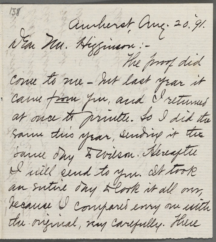 Mabel Loomis Todd, Amherst, Mass., autograph letter signed (initials) to Thomas Wentworth Higginson, 20 August 1891