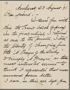 Mabel Loomis Todd, Amherst, Mass., autograph letter signed to Thomas Wentworth Higginson, 23 August 1891
