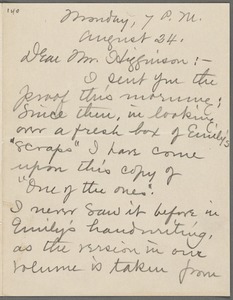 Mabel Loomis Todd, Amherst, Mass., autograph letter signed (initials) to Thomas Wentworth Higginson, 24 August 1891