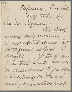 Mabel Loomis Todd, Wyoming, N.Y., autograph letter signed (initials) to Thomas Wentworth Higginson, 8 September 1891