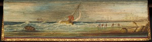 Seascape, showing fishermen beaching a boat