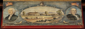 Portraits of George Washington and Benjamin Franklin alongside view of a house