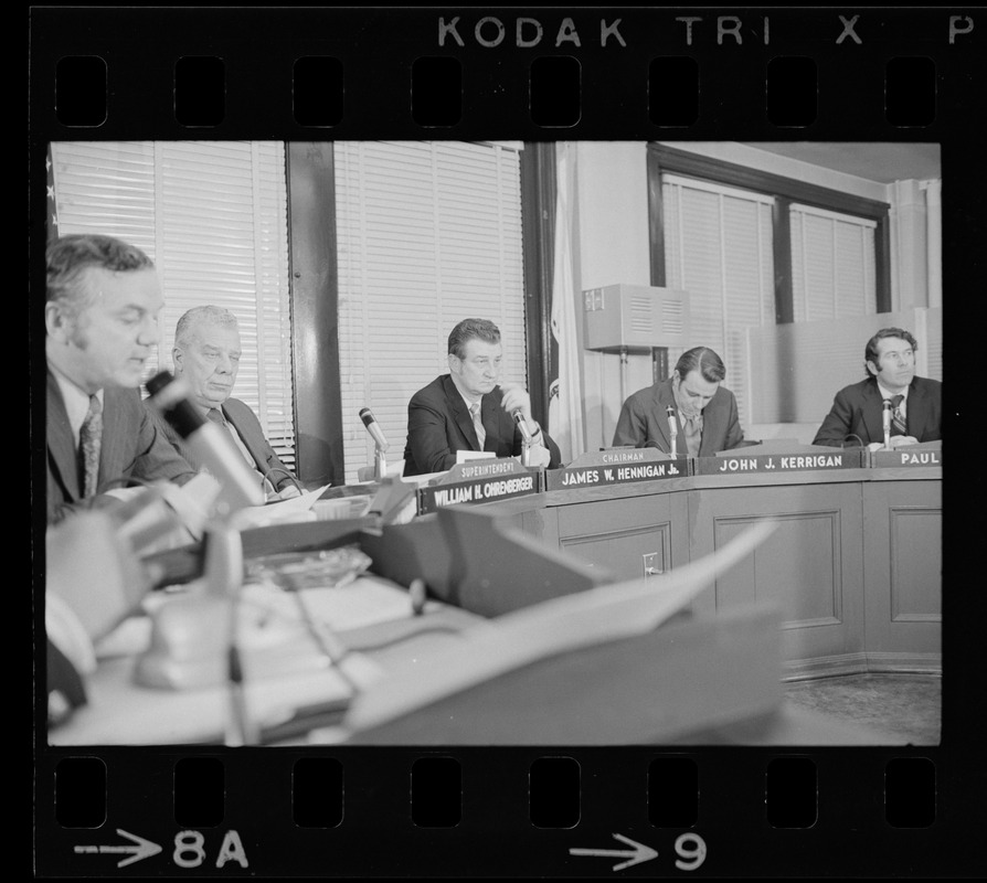 John J. McDonough, William H. Ohrenberger, James W. Hennigan Jr., John J. Kerrigan, and Paul J. Ellison at Boston School Committee meeting