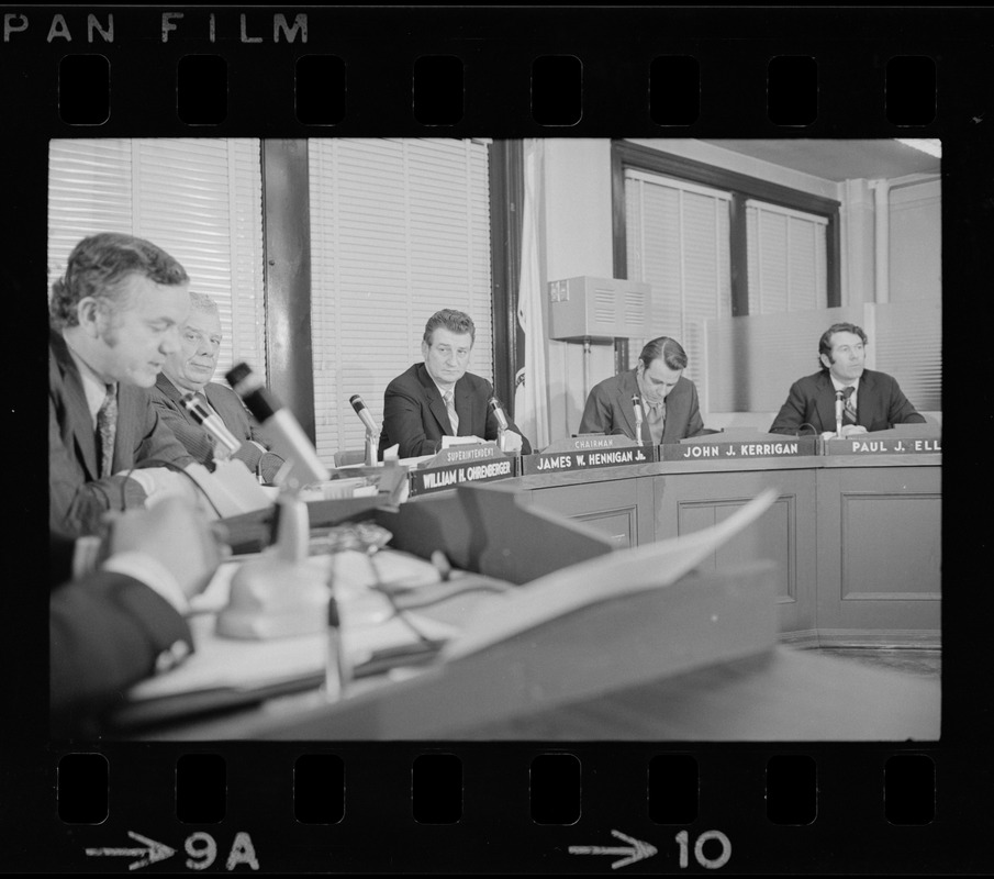 John J. McDonough, William H. Ohrenberger, James W. Hennigan Jr., John J. Kerrigan, and Paul J. Ellison at Boston School Committee meeting