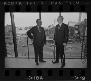 Robert M. Morgan and John Collins in mayor's office in new Boston City Hall during "Second Boston Tea Party"