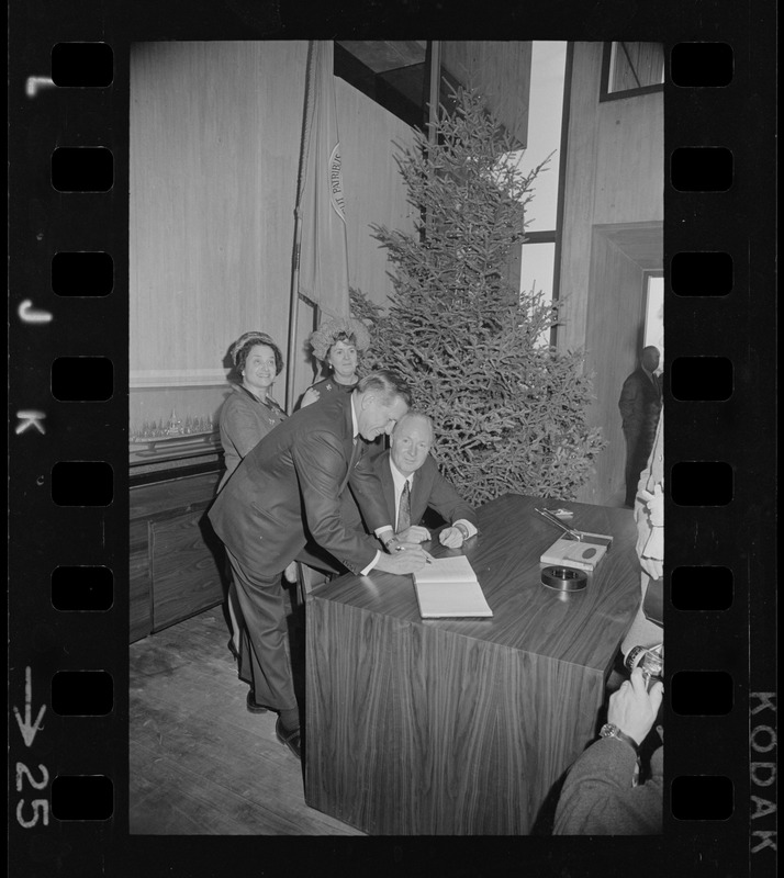 Jennie Volpe, Mary Collins, Gov. John Volpe, and John Collins in the mayor's office in the new Boston City Hall during "Second Boston Tea Party"