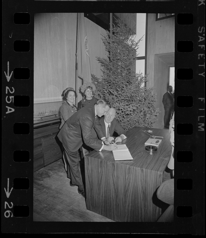 Jennie Volpe, Mary Collins, Gov. John Volpe, and John Collins in the mayor's office in the new Boston City Hall during "Second Boston Tea Party"