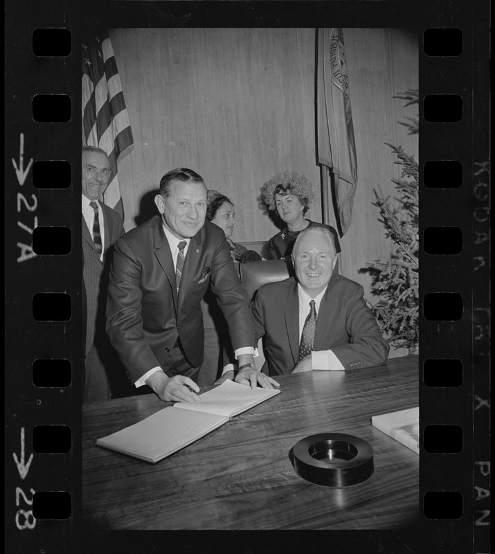 Gov. John Volpe, Jennie Volpe, Mary Collins, and John Collins in the mayor's office in the new Boston City Hall during "Second Boston Tea Party"