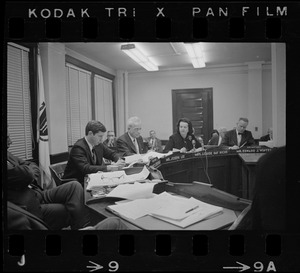 School Committee turns down suggestion for police patrol in school corridors. From left are Supt. of Schools William Ohrenberger, and Committee members Thomas Eisenstadt, Joseph Lee and Louise Day Hicks