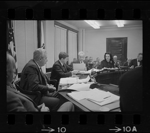 School Committee turns down suggestion for police patrol in school corridors. From left are Supt. of Schools William Ohrenberger, and Committee members Thomas Eisenstadt, Joseph Lee and Louise Day Hicks