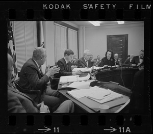 School Committee turns down suggestion for police patrol in school corridors. From left are Supt. of Schools William Ohrenberger, and Committee members Thomas Eisenstadt, Joseph Lee and Louise Day Hicks