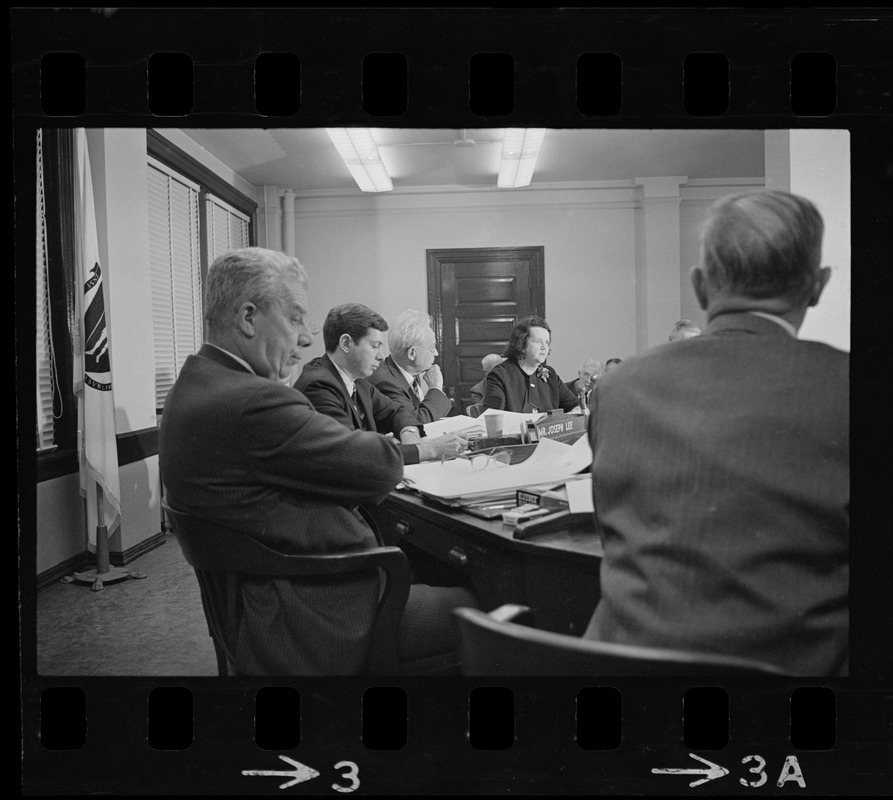 School Committee turns down suggestion for police patrol in school corridors. From left are Supt. of Schools William Ohrenberger, and Committee members Thomas Eisenstadt, Joseph Lee and Louise Day Hicks