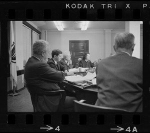 School Committee turns down suggestion for police patrol in school corridors. From left are Supt. of Schools William Ohrenberger, and Committee members Thomas Eisenstadt, Joseph Lee and Louise Day Hicks